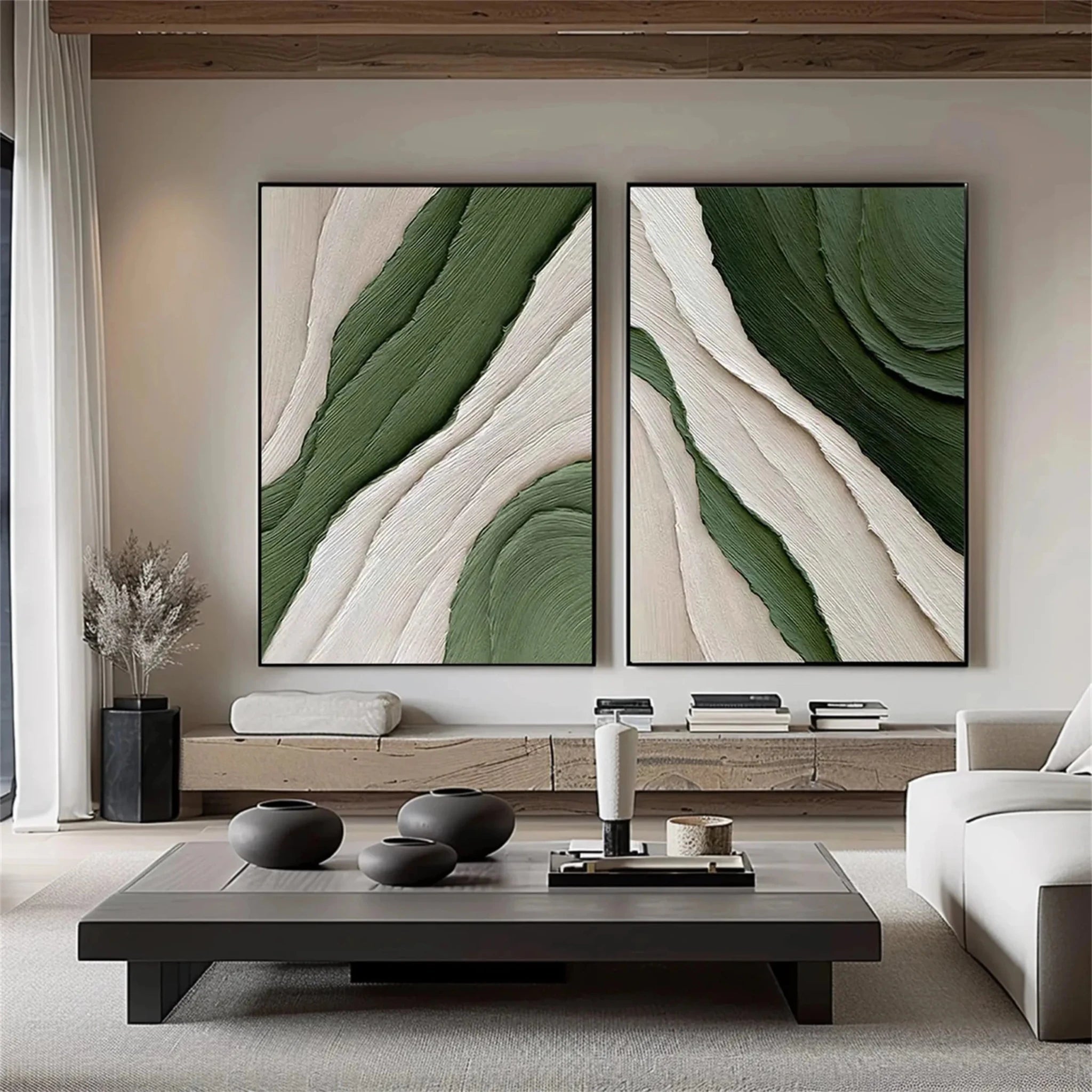 3D Heavy Texture Forest Green Abstract Diptych CZ0094 - Viral Wall Art